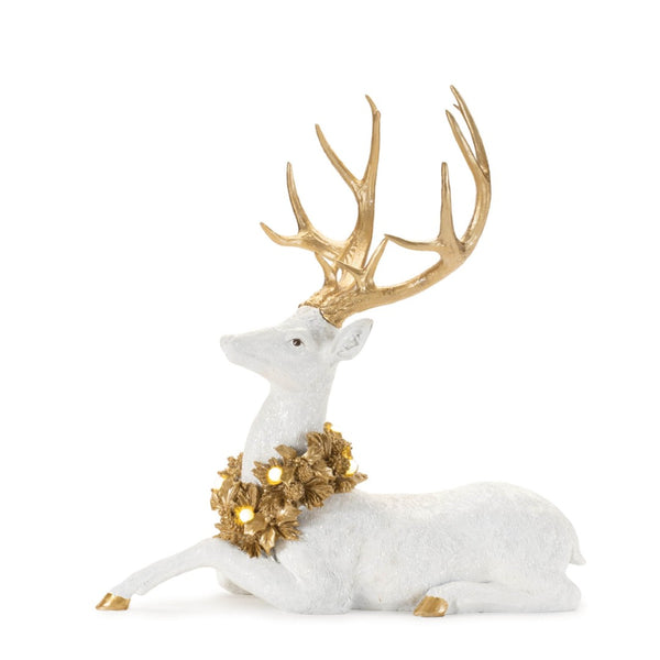 HomeRoots Set of Two Elegant White and Gold Polyresin Deer Figurines with LED Light for Home Decor Charm 633877