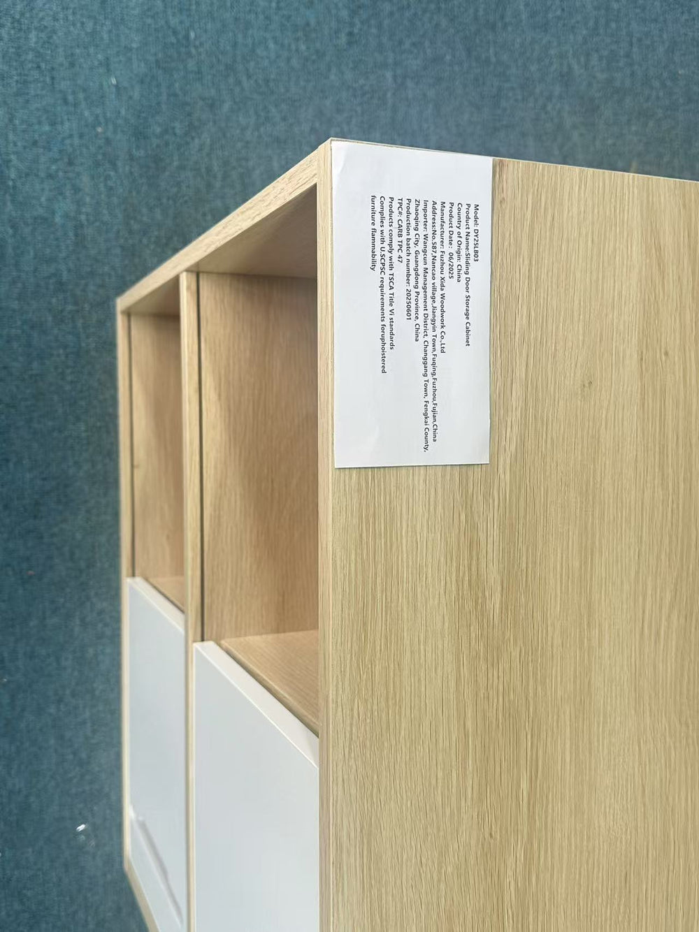 English Elm Modern Wooden Storage Cabinet with Sliding Doors, Scandinavian Natural+White MDF Organizer for Small Spaces W808P337367