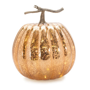 HomeRoots Set of Two Elegant Orange and Brown Glass Pumpkin Sculptures with LED for Fall Home Decor 633932