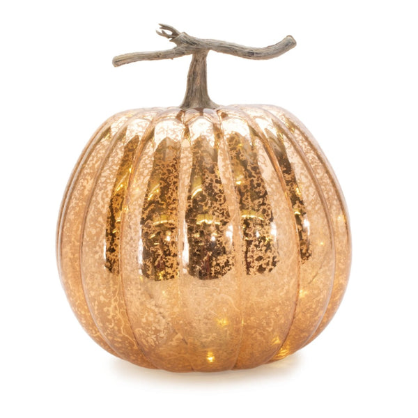 HomeRoots Set of Two Elegant Orange and Brown Glass Pumpkin Sculptures with LED for Fall Home Decor 633932