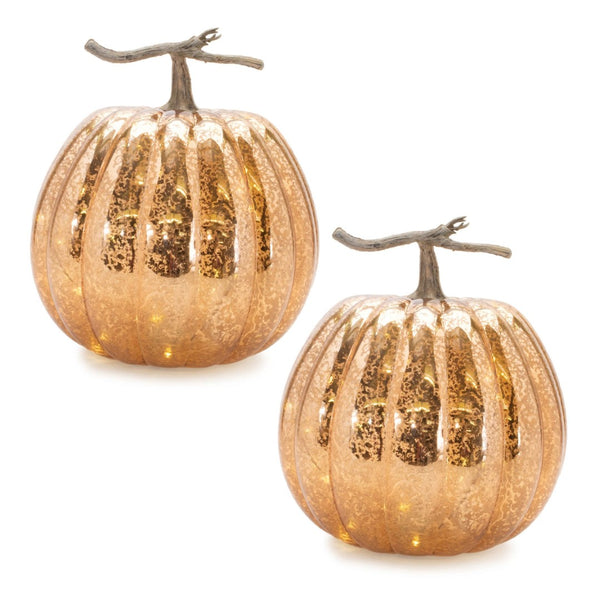 HomeRoots Set of Two Elegant Orange and Brown Glass Pumpkin Sculptures with LED for Fall Home Decor 633932