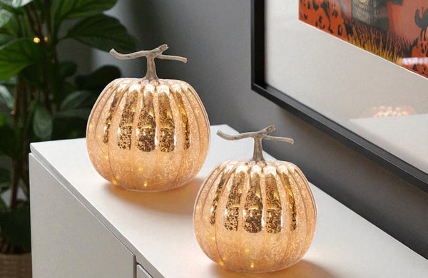 HomeRoots Set of Two Elegant Orange and Brown Glass Pumpkin Sculptures with LED for Fall Home Decor 633932