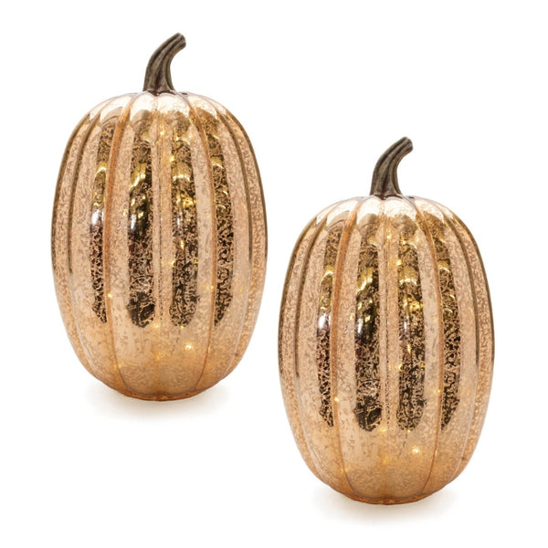 HomeRoots Set of Two Orange Glass Pumpkins with LED - Elegant Fall Tabletop Sculptures for Thanksgiving Decor 633933