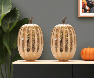 HomeRoots Set of Two Orange Glass Pumpkins with LED - Elegant Fall Tabletop Sculptures for Thanksgiving Decor 633933