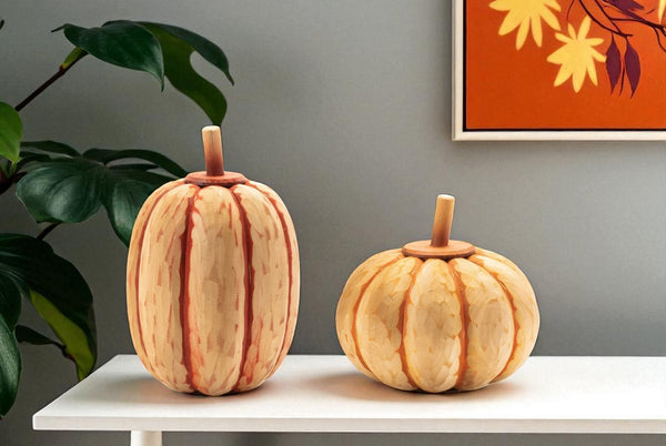 HomeRoots Set of Two Orange Wood Pumpkin Sculptures - Rustic Fall Decor for Thanksgiving Table Centerpieces 633934