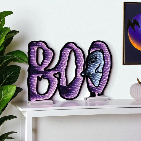HomeRoots 16" Purple Black and White Acrylic Ghost Tabletop Sign with LED Light for Spooky Halloween Decor 633951