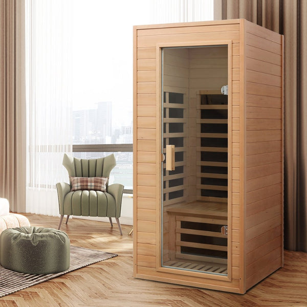 English Elm Hemlock Single Infrared Sauna with Roof Heaters Tempered Glass Door and Led Light W632S00011
