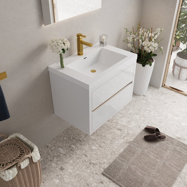 English Elm 30" Floating Bathroom Vanity with Stone Resin Sink Soft Close Drawers Ash Grey W1573P211172