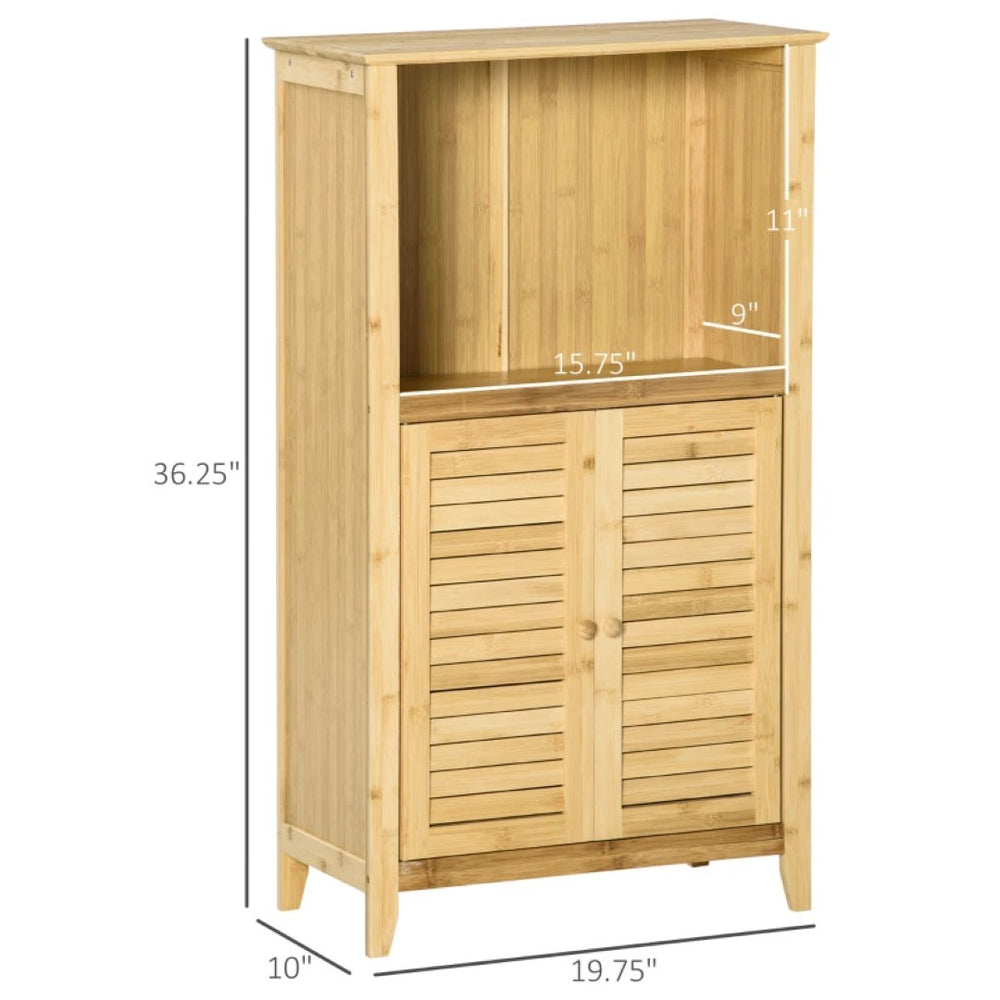 English Elm Home Bamboo Narrow Floor Cabinet with Slatted Doors Open Shelf Bathroom Storage T3971P465583