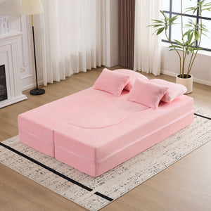 English Elm Queen Foldable Sofa Bed with Plush Chenille Cover, High-Density Foam Convertible Futon for Living Room Guest Room Bedroom Pink W1829P348205