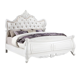 English Elm Opulence Queen Bed In Pearl White - Luxurious Velvet Tufted Headboard & Classic Carved Details B009S01366