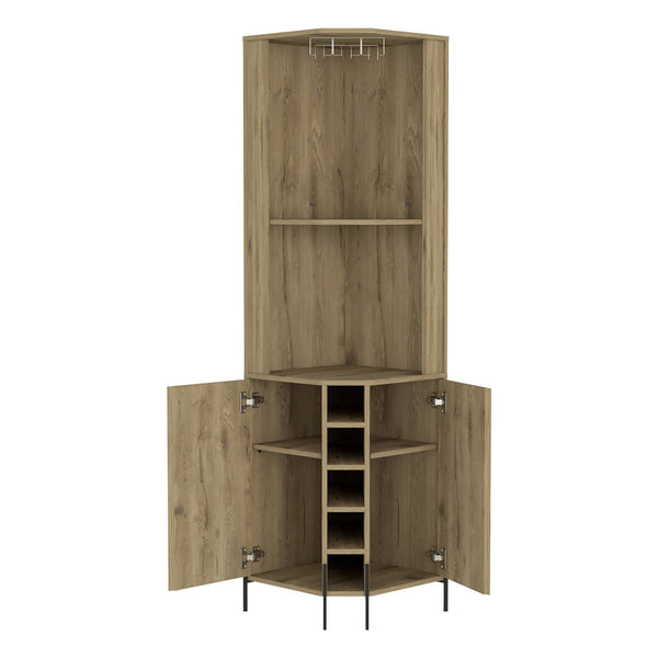 English Elm Corner Bar Cabinet with Ten Built-In Wine Slots, Cup Rack & Spacious Top Shelf for Entertaining Beige 28.74 L x 22.44 W x 4.72 H B097S00170