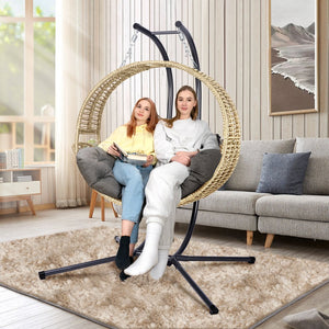English Elm Double Hanging Egg Chair with Stand — Oversized 2-Person Wicker Rattan Swing, 700lb Capacity, Convertible Recliner W2500P290325