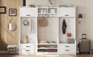 English Elm 4-in-1 Hall Tree with Bench, 7 Hooks, 2 Cabinets & 4 Drawers for Entryway Storage and Seating White W1580S00090