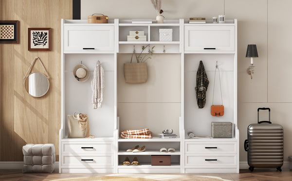 English Elm 4-in-1 Hall Tree with Bench, 7 Hooks, 2 Cabinets & 4 Drawers for Entryway Storage and Seating White W1580S00090
