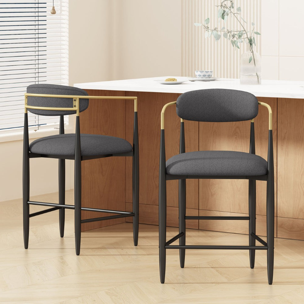 English Elm Counter Stools Set of Two Upholstered Matte Black Iron Frames with Gold Trim Modern N771P392273C