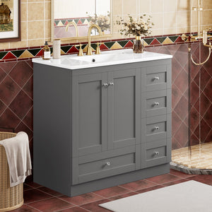 English Elm 36 36" Modern Shaker Bathroom Vanity with Ceramic Sink, Soft-Close Drawers & Doors, Durable Handles Grey N729P288872E