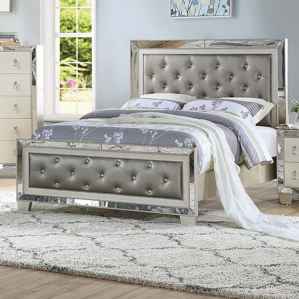 English Elm Glamorous Upholstered Tufted Queen Bed with Mirrored Trim and Luxurious Button Detail for Glam Bedrooms Grey,Silver 87 L x 10 W x 5 H B011S01991