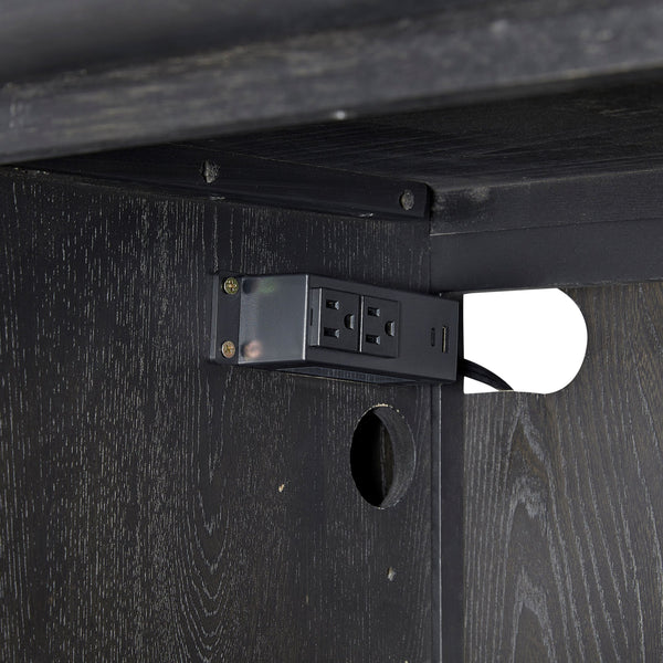 English Elm 80" Black Console with Power Pack — Solid Wood & MDF, Elm Veneer Peppercorn Finish, Channel Design, 4 Doors B2699P238782