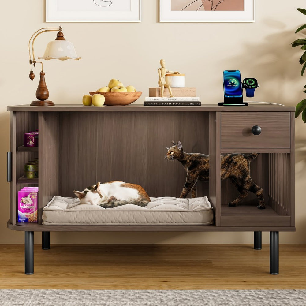 English Elm 37.4" Mdf Cat Litter Enclosure with Tambour Door Walnut Finish and Charging Station N704P380550D
