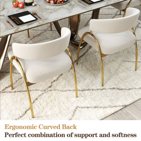 English Elm Dining Chair Set with Curved Back Gold Metal Frame Upholstered Fabric Seat Pair Beige W1567P343436