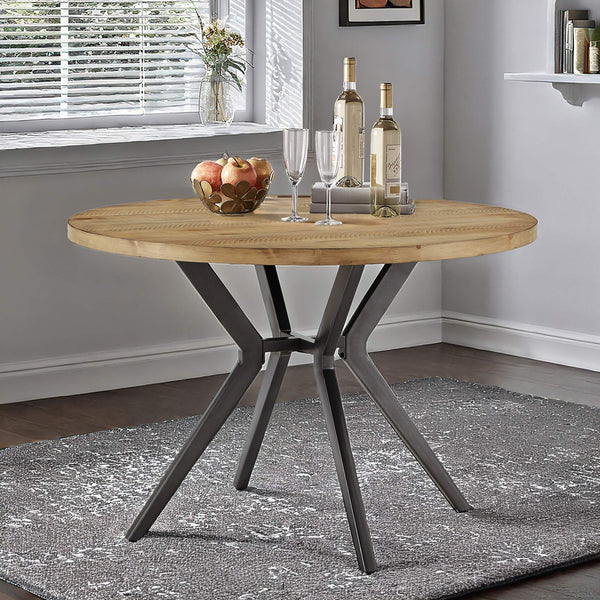 Krista 45 Inch Round Pine Veneer Dining Table with Metal Base Seats Four People