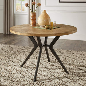 Krista 45 Inch Round Pine Veneer Dining Table with Metal Base Seats Four People