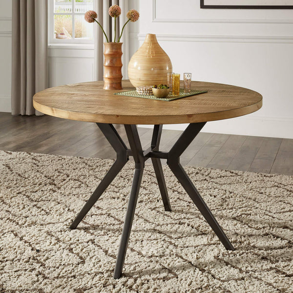 Krista 45 Inch Round Pine Veneer Dining Table with Metal Base Seats Four People