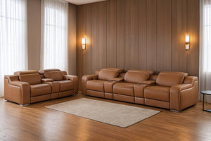 Two Piece Chestnut Leather Sofa Set Seating Five in a Warm Living Room