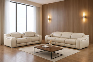 Two Piece Beige Leather Sectional Sofa Set Spacious Five Seat Living Room Suite