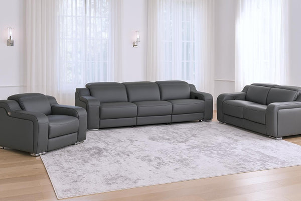 Three Piece Leather Sectional Sofa Set for Six with Bold Dark Gray Upholstery
