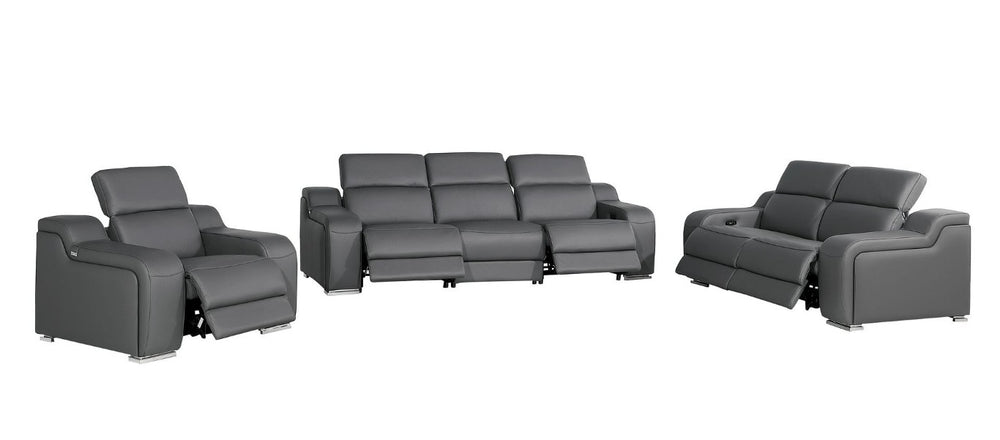 Three Piece Leather Sectional Sofa Set for Six with Bold Dark Gray Upholstery
