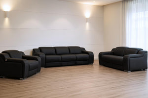Three Piece Black Leather Sectional Sofa Set Seating Six in Modern Living Room