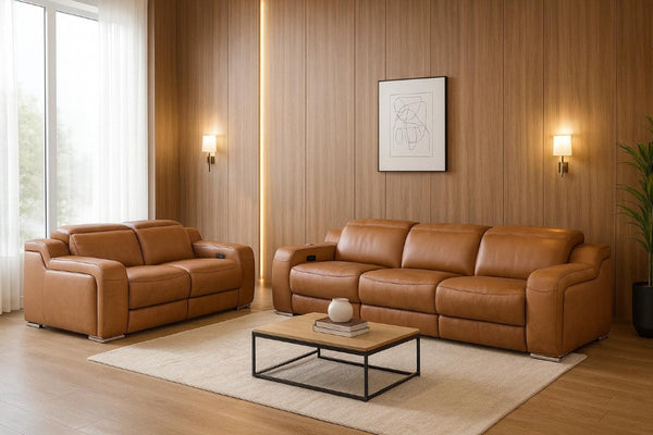 Two Piece Chestnut Leather Sofa Set Stylish Living Room Seating for Four Guests