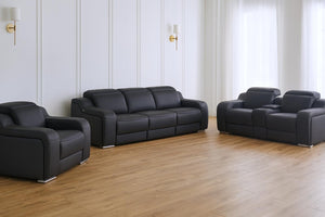 Three Piece Black Leather Living Room Sectional Sofa Set Seating Six Guests