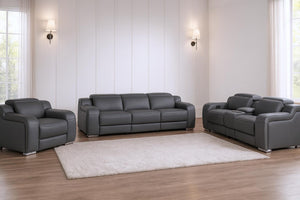 Three Piece Leather Sectional Sofa Set with Seating for Six in Charcoal