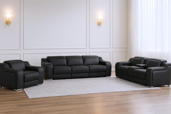 Three Piece Black Leather Sectional Sofa Set Seating Six in Modern Style