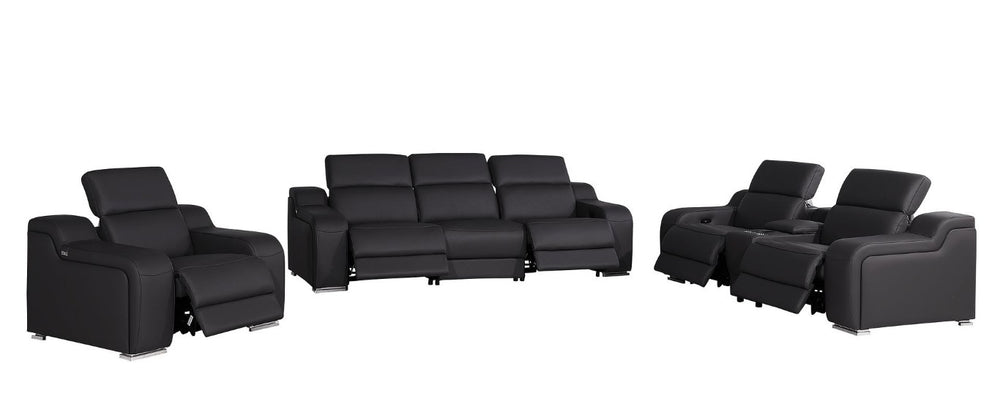 HomeRoots Three Piece Black Leather Sectional Sofa Set Seating Six in Modern Style 634044