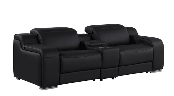 Three Piece Black Leather Sectional Sofa Set Seating Six in Modern Style