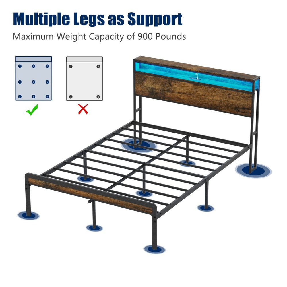 English Elm Full Iron Platform Bed with Led Base Lighting Usb Charging Headboard and Footboard W1903P314002