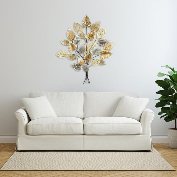 HomeRoots 38" Gold Leaves Metal Wall Sculpture - Handcrafted Dimensional Art for Modern & Eclectic Interiors 634055
