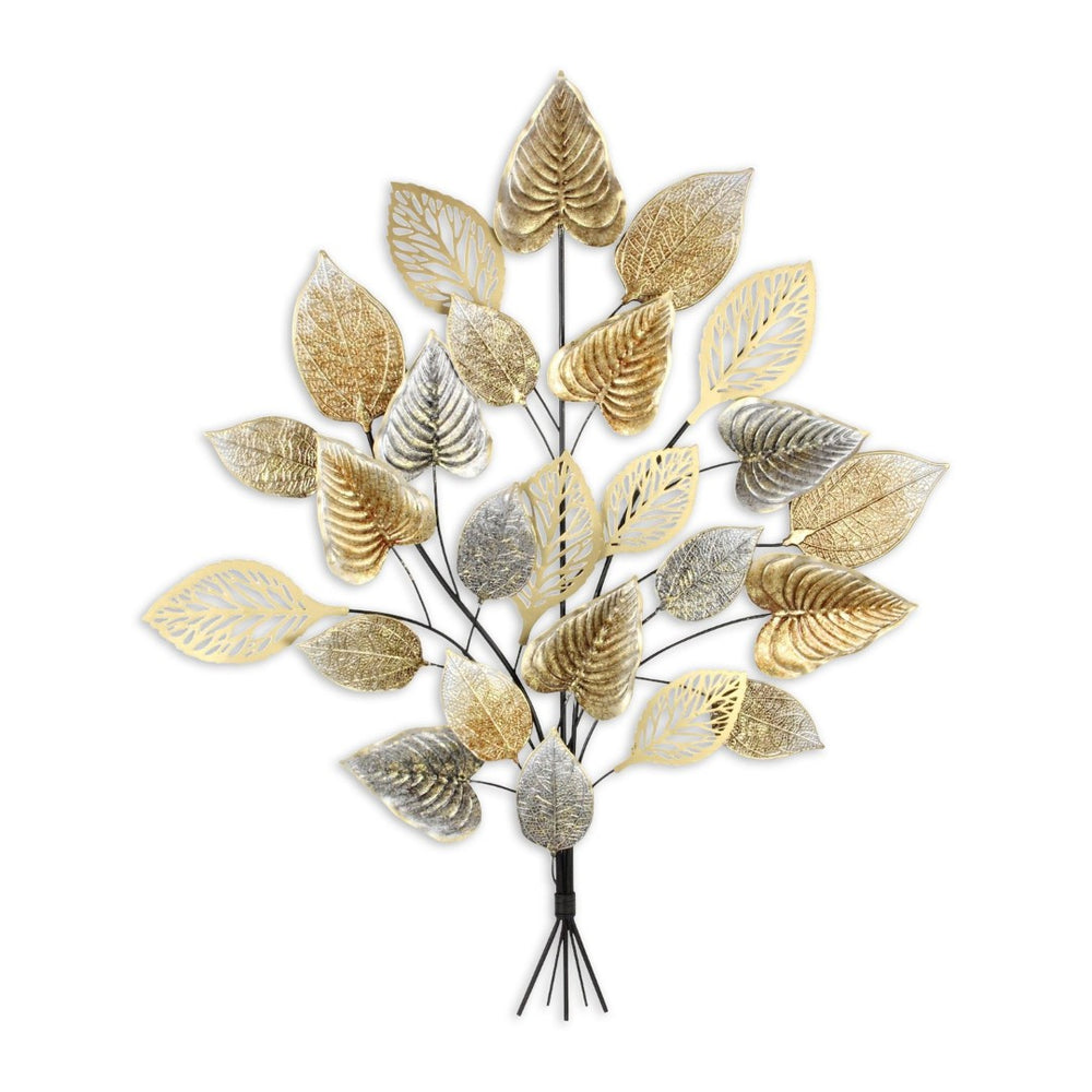 HomeRoots 38" Gold Leaves Metal Wall Sculpture - Handcrafted Dimensional Art for Modern & Eclectic Interiors 634055