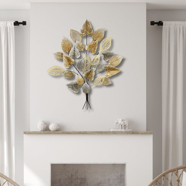 HomeRoots 38" Gold Leaves Metal Wall Sculpture - Handcrafted Dimensional Art for Modern & Eclectic Interiors 634055
