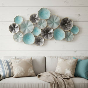 HomeRoots 24" Coastal-Inspired Metal Wall Sculpture with Aqua, Charcoal, and Silver Abstract Discs - Handmade Decor 634062