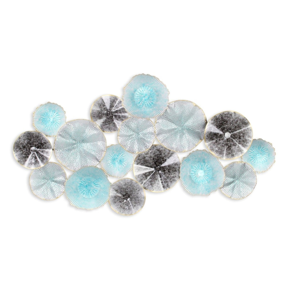 HomeRoots 24" Coastal-Inspired Metal Wall Sculpture with Aqua, Charcoal, and Silver Abstract Discs - Handmade Decor 634062