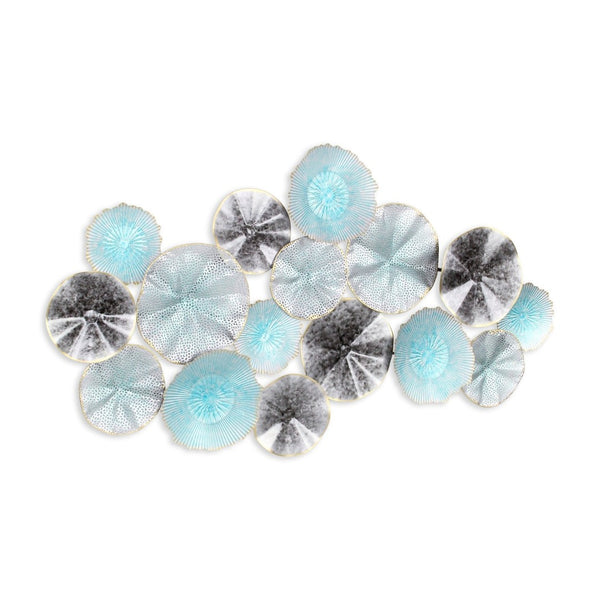 HomeRoots 24" Coastal-Inspired Metal Wall Sculpture with Aqua, Charcoal, and Silver Abstract Discs - Handmade Decor 634062