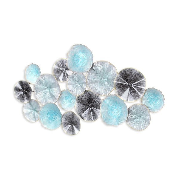 HomeRoots 24" Coastal-Inspired Metal Wall Sculpture with Aqua, Charcoal, and Silver Abstract Discs - Handmade Decor 634062