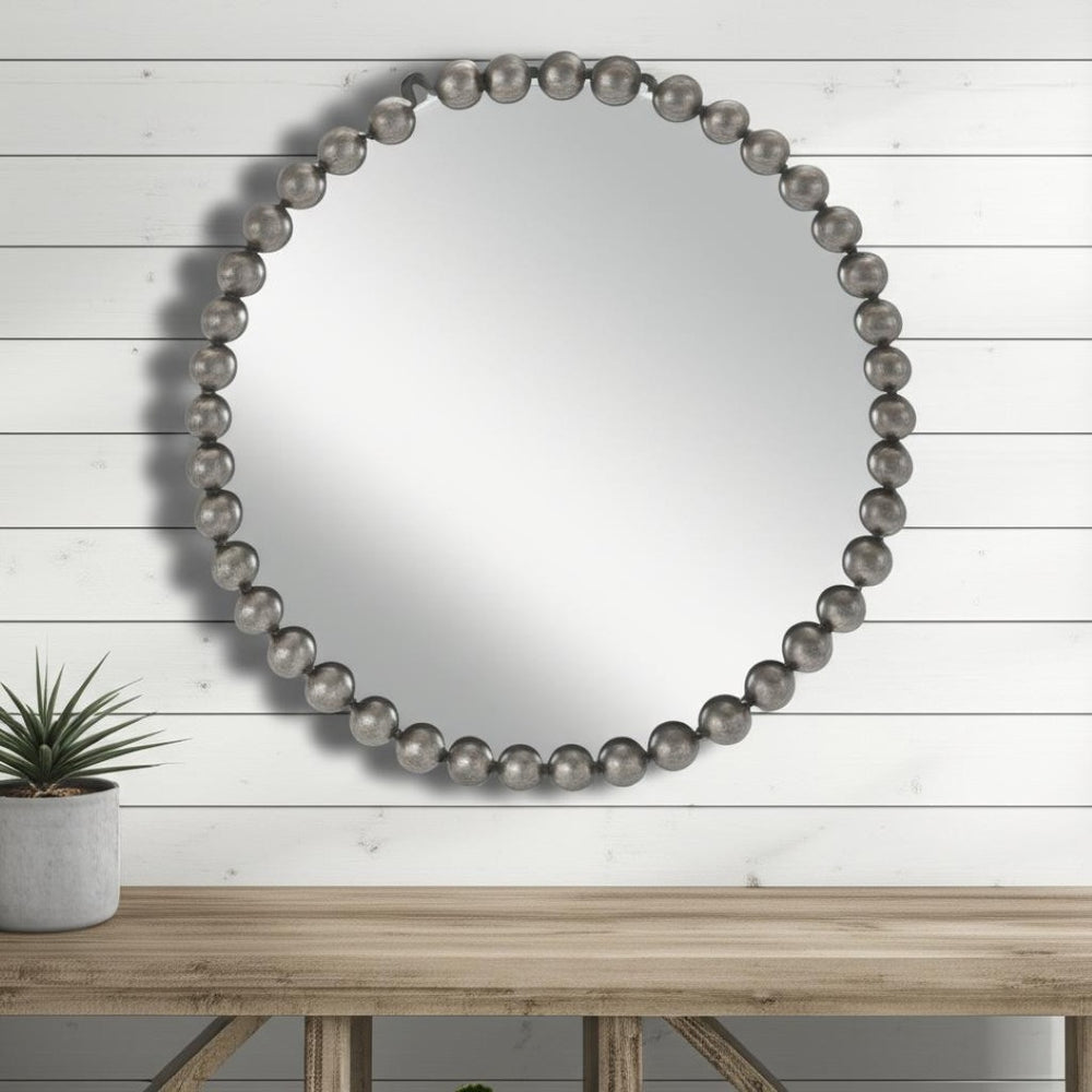HomeRoots 24" Dark Gray Iron Beaded Round Accent Mirror - Timeless Design for Stylish Home Decor & Reflection 634099