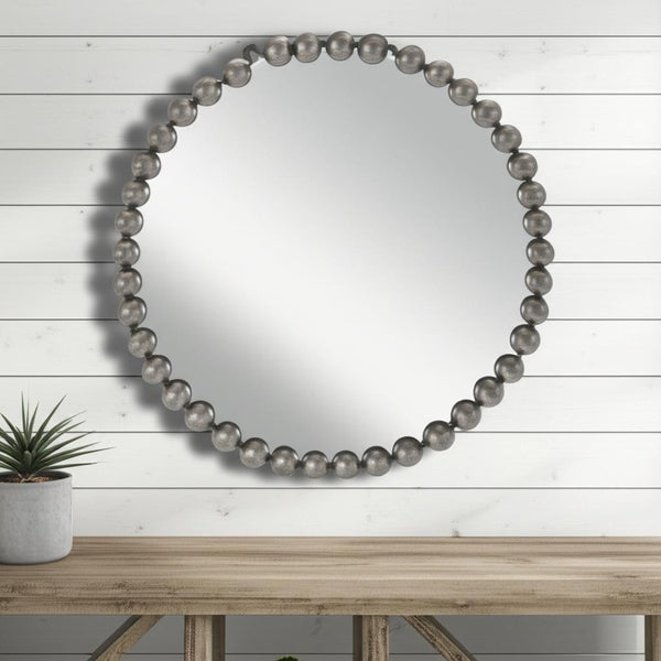 HomeRoots 24" Dark Gray Iron Beaded Round Accent Mirror - Timeless Design for Stylish Home Decor & Reflection 634099