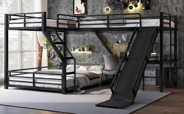 English Elm L-Shaped Triple Bunk Bed With Slide & Usb Ports - Space-Saving Metal Design For Modern Families W1580S00276